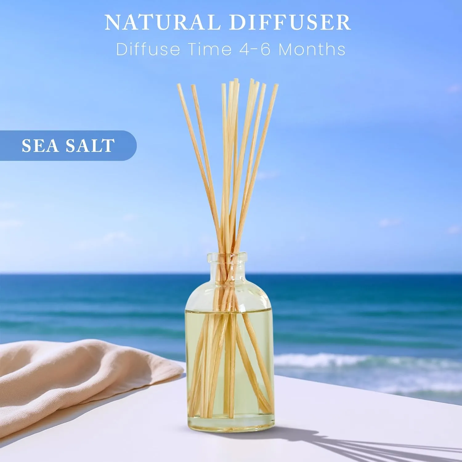 FIELD FLEUR Sea Salt 6oz. Diffuser is a Blend of California Lemon,Water Lily, White Jasmine,Driftwood & Rosewater, sea Salt,Watery Musk & Coconut Water. Diffuse time 4-6 Months. Made in The USA.