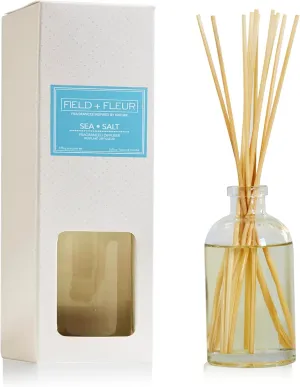 FIELD FLEUR Sea Salt 6oz. Diffuser is a Blend of California Lemon,Water Lily, White Jasmine,Driftwood & Rosewater, sea Salt,Watery Musk & Coconut Water. Diffuse time 4-6 Months. Made in The USA.