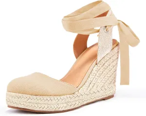 FISACE Womens Summer Espadrille Heel Platform Wedge Sandals Ankle Buckle Strap Closed Toe Shoes