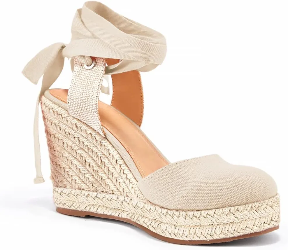 FISACE Womens Summer Espadrille Heel Platform Wedge Sandals Ankle Buckle Strap Closed Toe Shoes