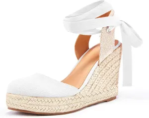 FISACE Womens Summer Espadrille Heel Platform Wedge Sandals Ankle Buckle Strap Closed Toe Shoes
