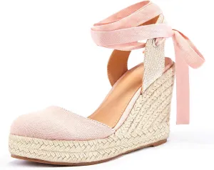 FISACE Womens Summer Espadrille Heel Platform Wedge Sandals Ankle Buckle Strap Closed Toe Shoes
