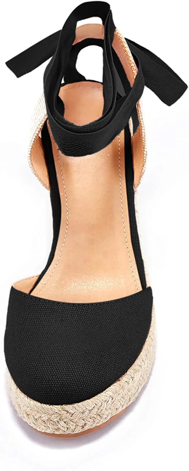 FISACE Womens Summer Espadrille Heel Platform Wedge Sandals Ankle Buckle Strap Closed Toe Shoes