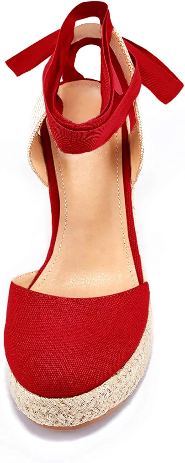 FISACE Womens Summer Espadrille Heel Platform Wedge Sandals Ankle Buckle Strap Closed Toe Shoes