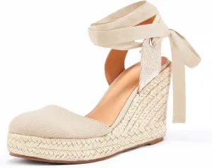 FISACE Womens Summer Espadrille Heel Platform Wedge Sandals Ankle Buckle Strap Closed Toe Shoes