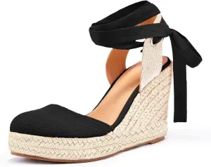 FISACE Womens Summer Espadrille Heel Platform Wedge Sandals Ankle Buckle Strap Closed Toe Shoes