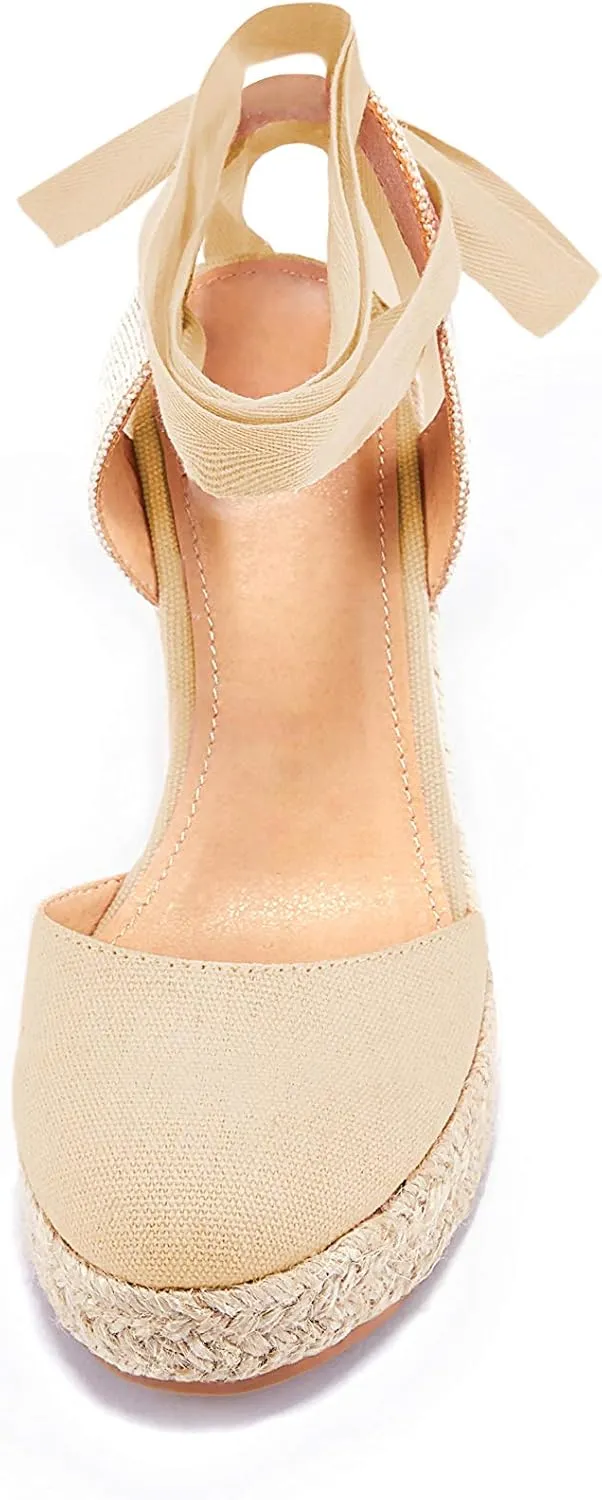 FISACE Womens Summer Espadrille Heel Platform Wedge Sandals Ankle Buckle Strap Closed Toe Shoes