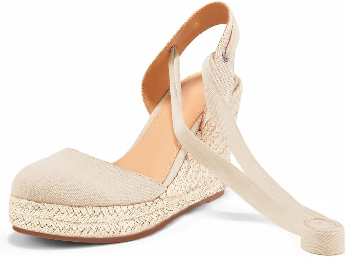 FISACE Womens Summer Espadrille Heel Platform Wedge Sandals Ankle Buckle Strap Closed Toe Shoes