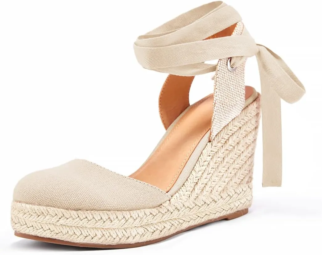 FISACE Womens Summer Espadrille Heel Platform Wedge Sandals Ankle Buckle Strap Closed Toe Shoes