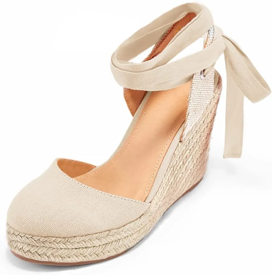 FISACE Womens Summer Espadrille Heel Platform Wedge Sandals Ankle Buckle Strap Closed Toe Shoes