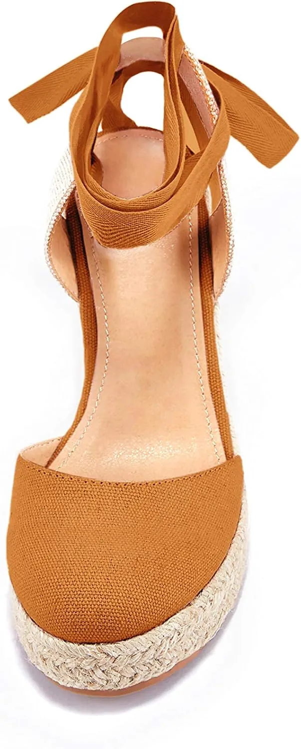 FISACE Womens Summer Espadrille Heel Platform Wedge Sandals Ankle Buckle Strap Closed Toe Shoes