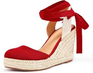 FISACE Womens Summer Espadrille Heel Platform Wedge Sandals Ankle Buckle Strap Closed Toe Shoes