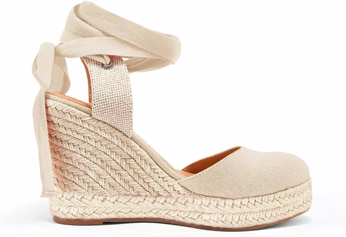 FISACE Womens Summer Espadrille Heel Platform Wedge Sandals Ankle Buckle Strap Closed Toe Shoes