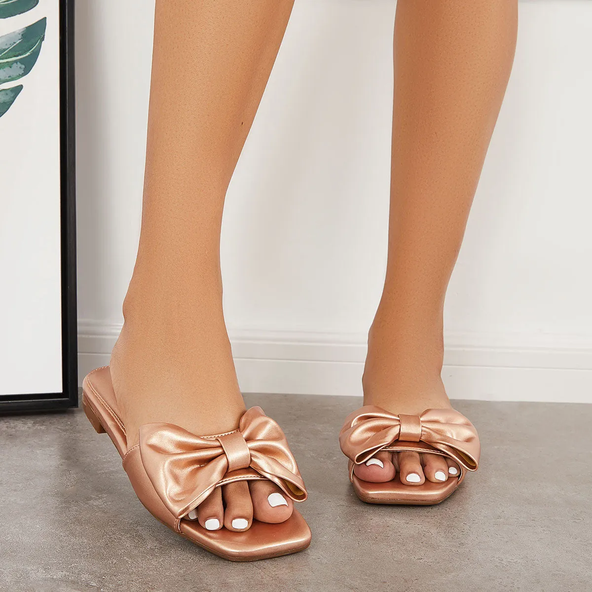 Flat Slippers Square Sandals Slip Slide Bowknot Act quickly Premium Toe on