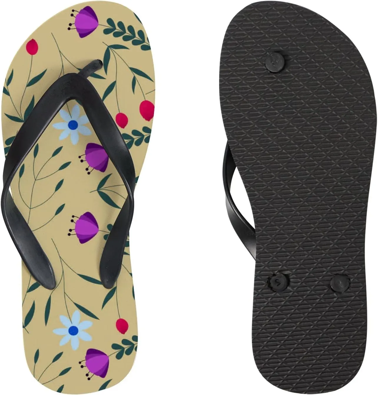 Flip Flops Floral Flowers Leaves Beige Slide Sandals Summer Beach Slippers Thong Sandal Casual Yoga Mat Flat Slides for Women Men