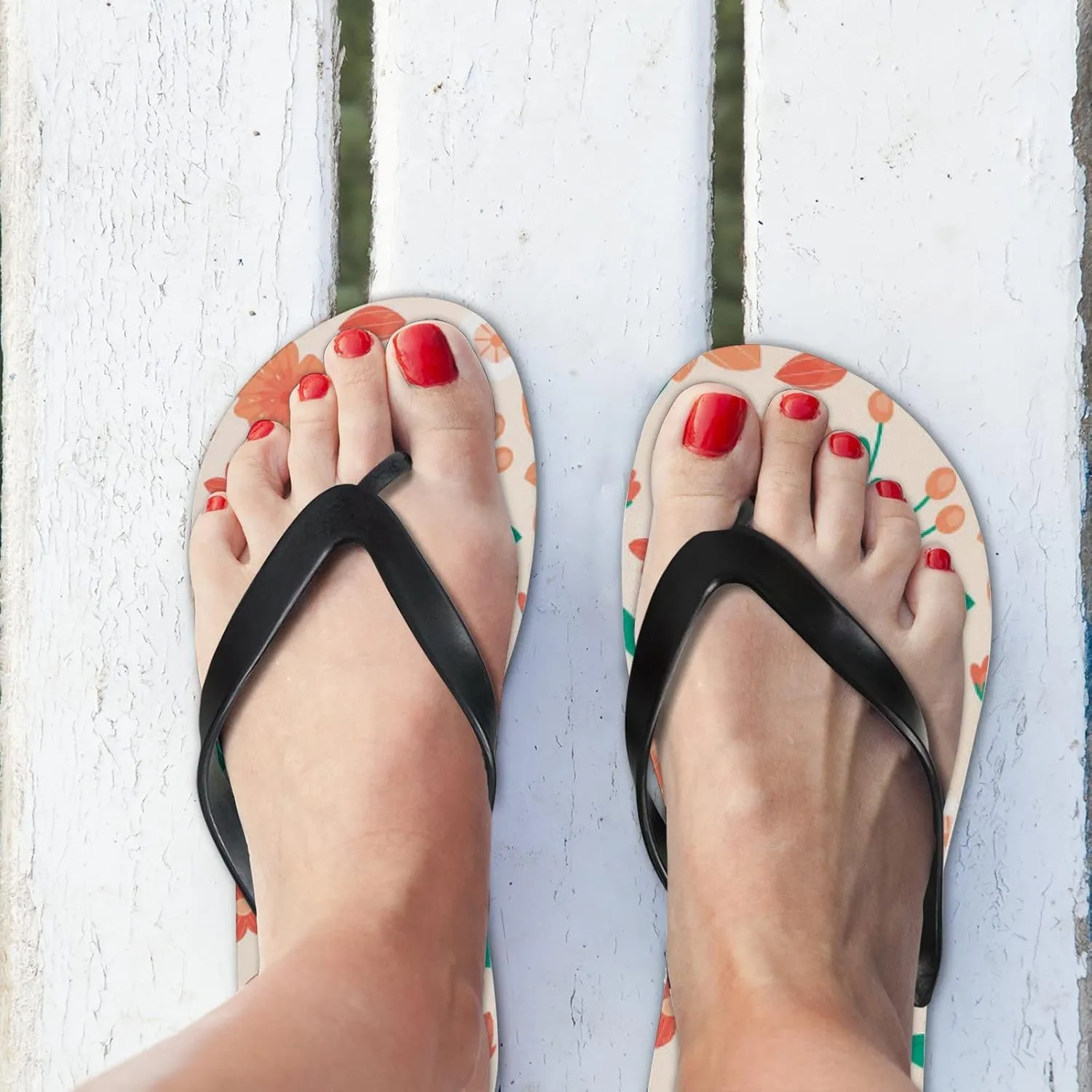 Flip Flops Floral Flowers Leaves Orange Green Slide Sandals Summer Beach Slippers Thong Sandal Casual Yoga Mat Flat Slides for Women Men