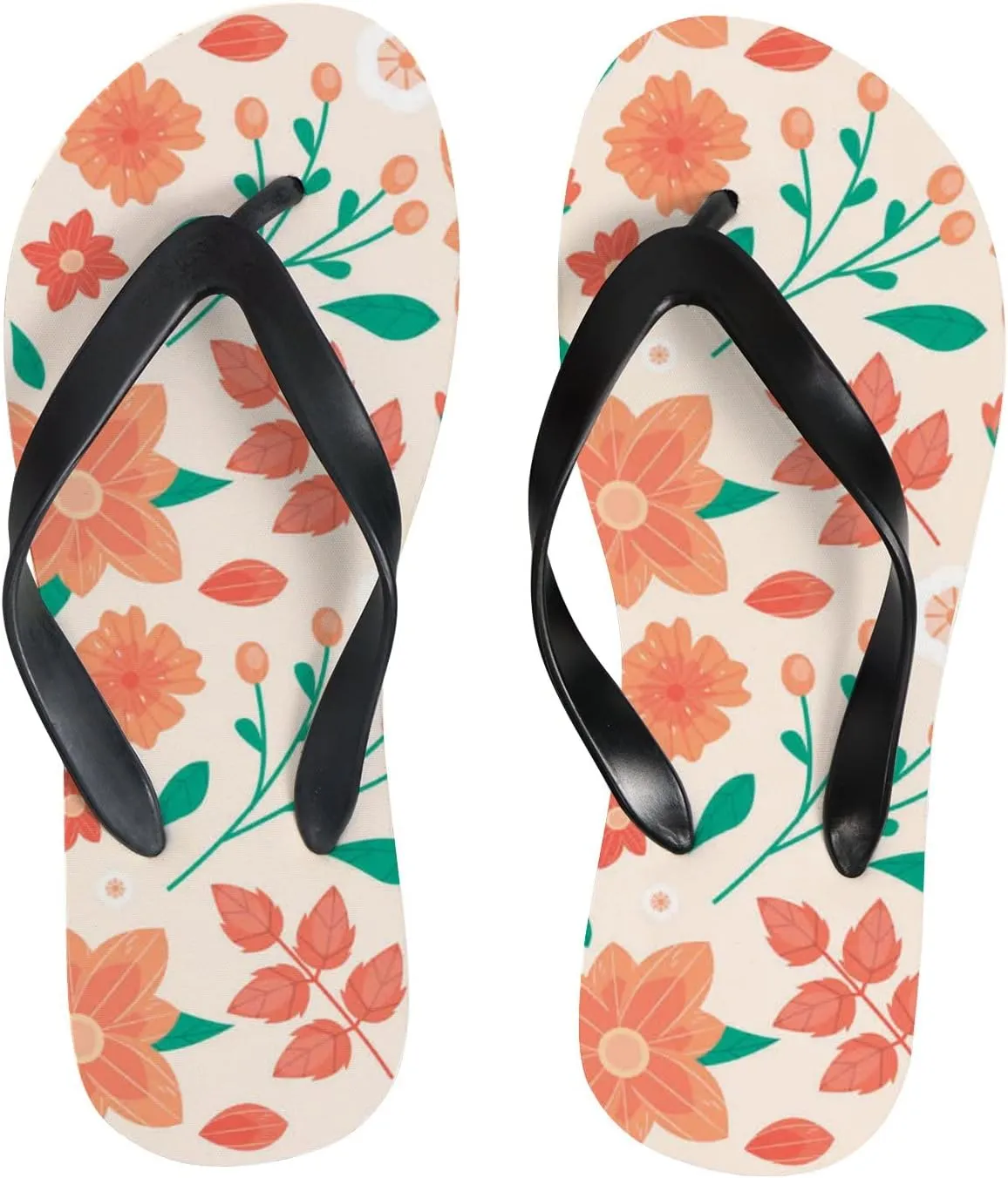 Flip Flops Floral Flowers Leaves Orange Green Slide Sandals Summer Beach Slippers Thong Sandal Casual Yoga Mat Flat Slides for Women Men