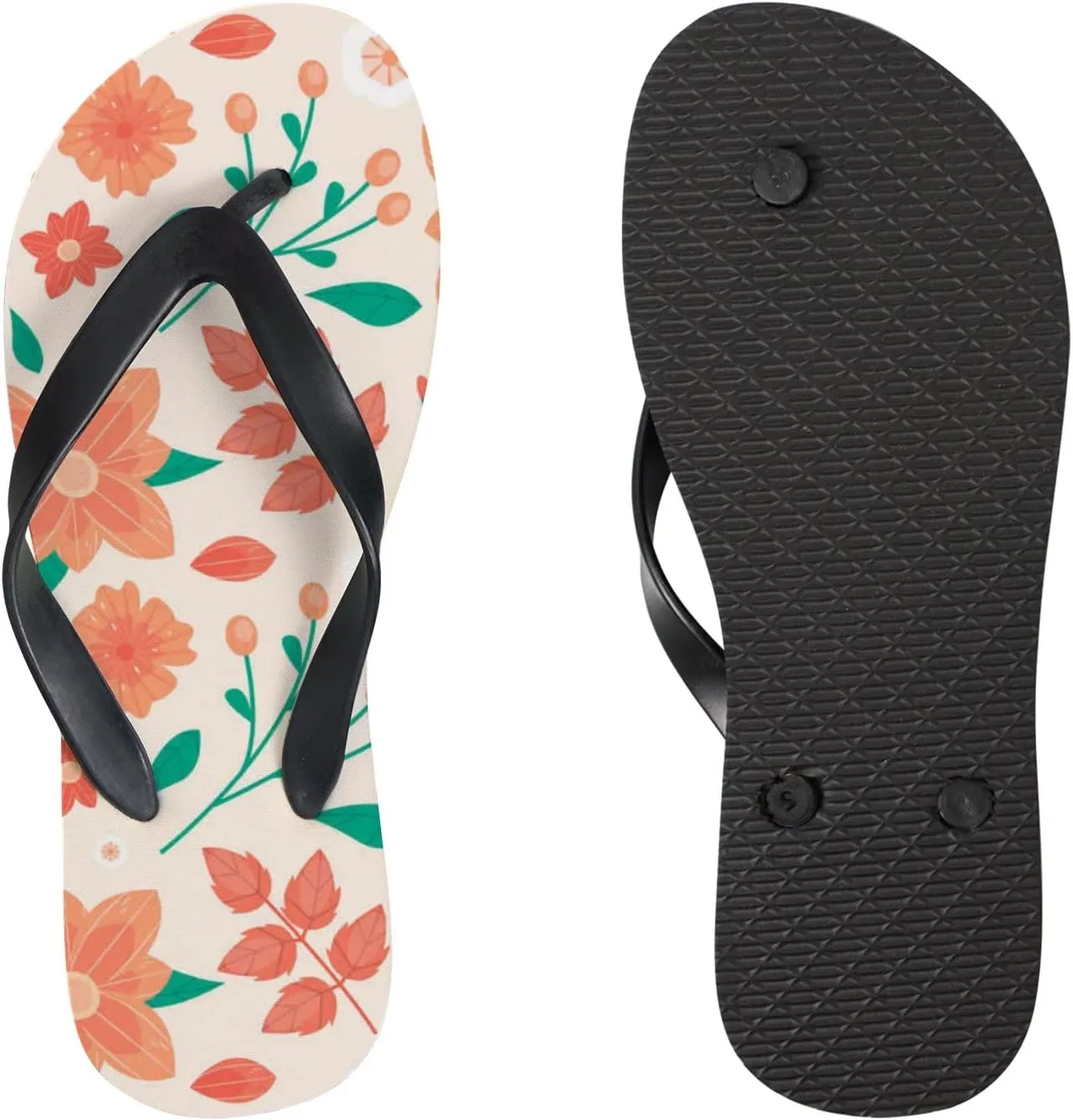 Flip Flops Floral Flowers Leaves Orange Green Slide Sandals Summer Beach Slippers Thong Sandal Casual Yoga Mat Flat Slides for Women Men