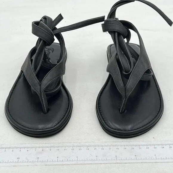 FOWT Black Split Round Toe Sandals Lace up Strappy Flats Flip Flop Shoes