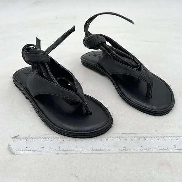 FOWT Black Split Round Toe Sandals Lace up Strappy Flats Flip Flop Shoes