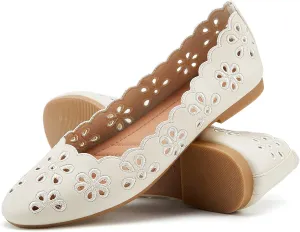 FRACORA Women's Ballet Flats Black PU Leather Dress Shoes Comfortable Round Toe Slip on Flats with Breathable Eyelets