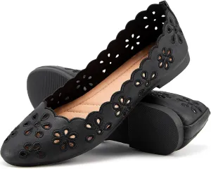 FRACORA Women's Ballet Flats Black PU Leather Dress Shoes Comfortable Round Toe Slip on Flats with Breathable Eyelets