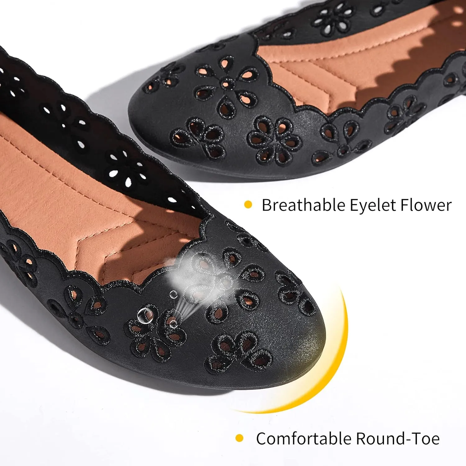 FRACORA Women's Ballet Flats Black PU Leather Dress Shoes Comfortable Round Toe Slip on Flats with Breathable Eyelets