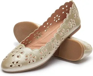 FRACORA Women's Ballet Flats Black PU Leather Dress Shoes Comfortable Round Toe Slip on Flats with Breathable Eyelets