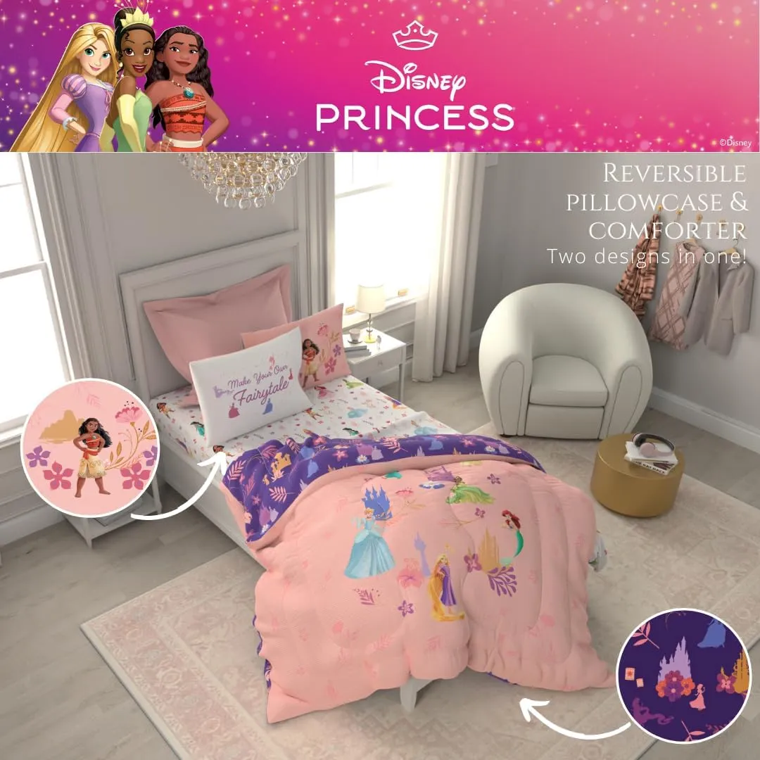 Franco Collectibles Disney Princess Recycled Bedding 4 Piece Super Soft Reversible Comforter and Sheet Set, Twin, (100% Official Licensed Product)