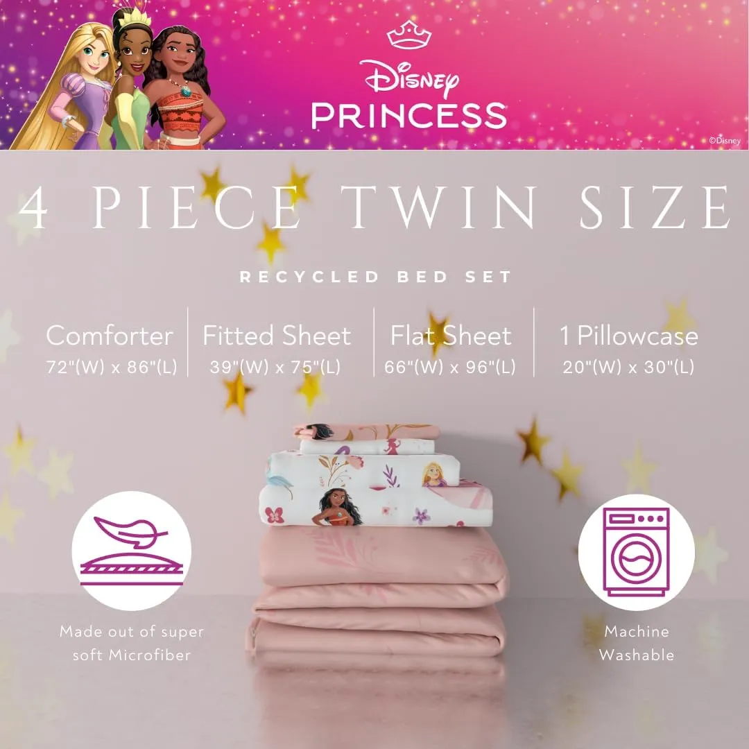 Franco Collectibles Disney Princess Recycled Bedding 4 Piece Super Soft Reversible Comforter and Sheet Set, Twin, (100% Official Licensed Product)