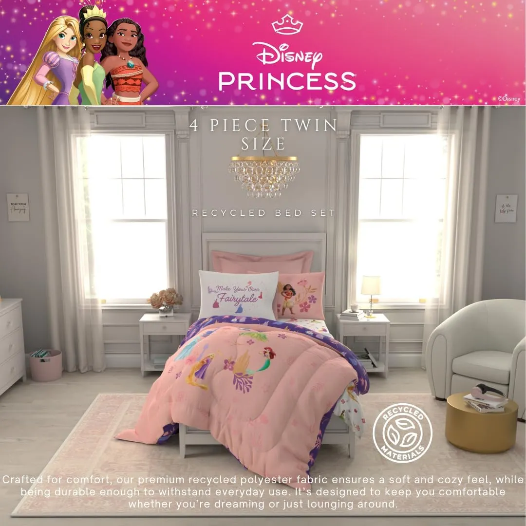 Franco Collectibles Disney Princess Recycled Bedding 4 Piece Super Soft Reversible Comforter and Sheet Set, Twin, (100% Official Licensed Product)