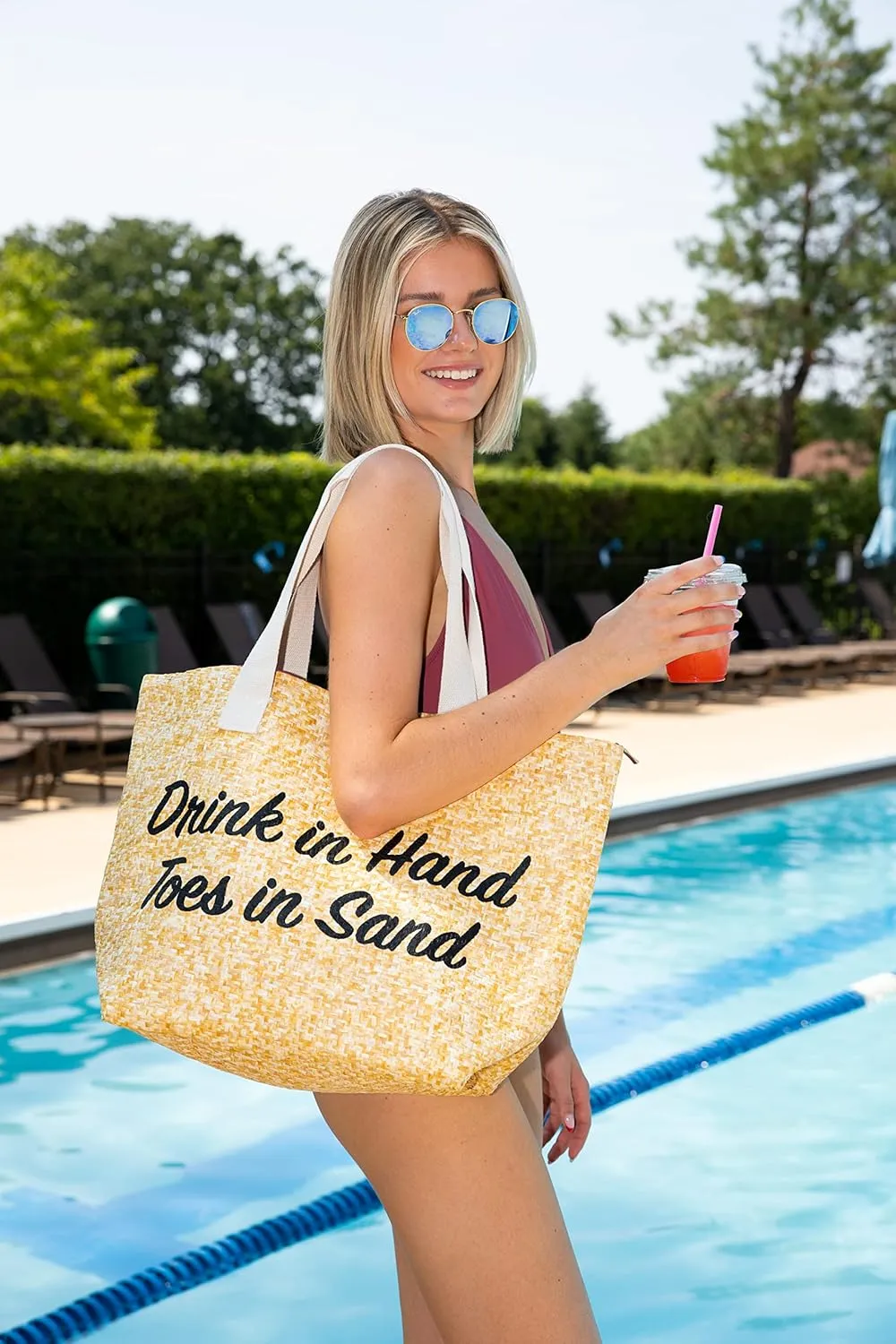 Funky Junque Stylish Straw Beach Tote Bag for Women - Summer Travel Shoulder Bag - Beach Quotes, Cattle Bags, Smiley Faces