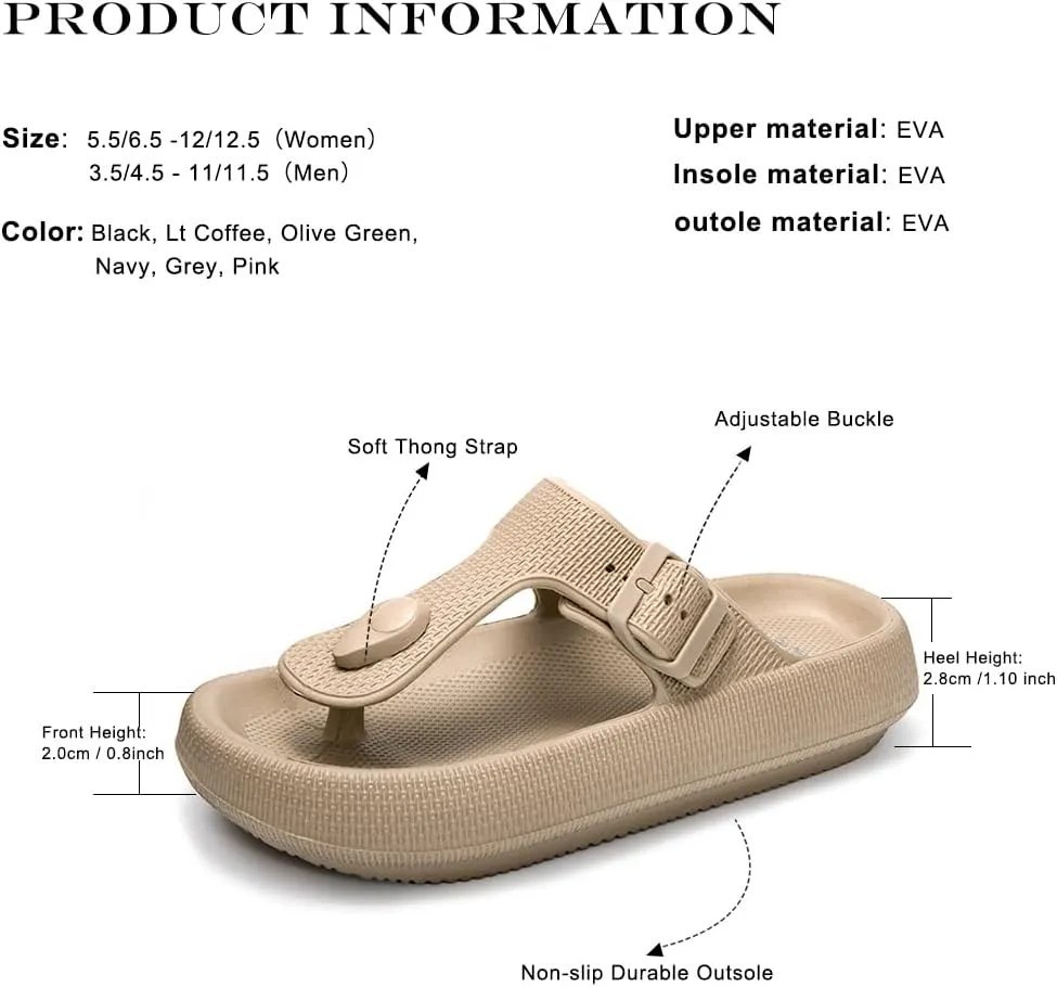 FUNKYMONKEY Thong Sandals Adjustable Buckle EVA Thick-Soled Flip Flops for Women and Men