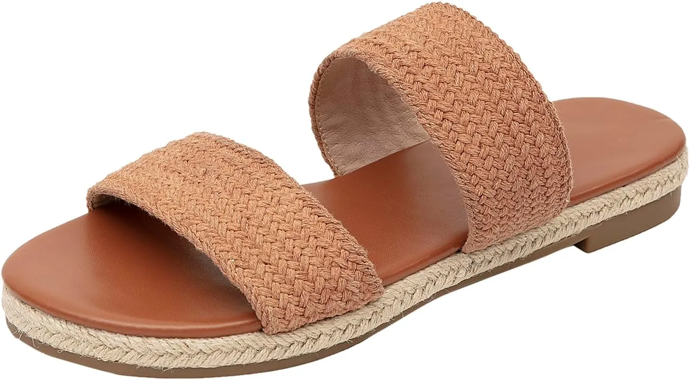 GATUXUS Women's Espadrille Slides Flat Sandals Open Toe Braided Straps Slip On Summer Beach Flats Shoes