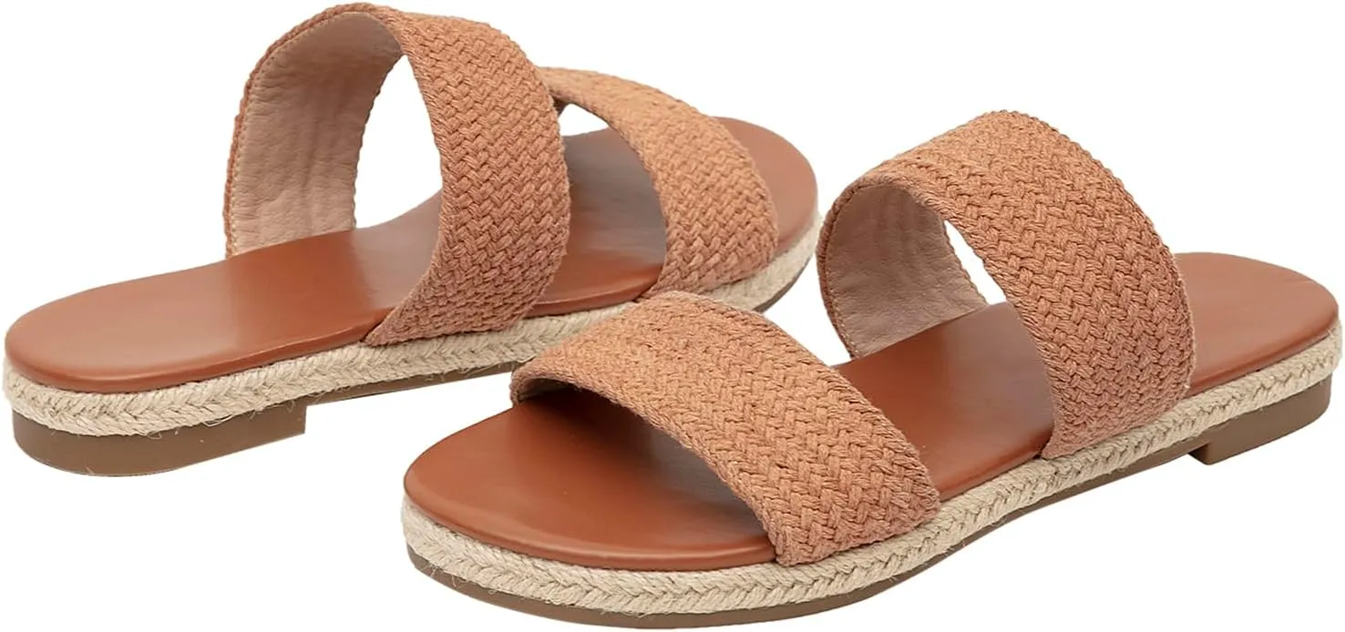 GATUXUS Women's Espadrille Slides Flat Sandals Open Toe Braided Straps Slip On Summer Beach Flats Shoes
