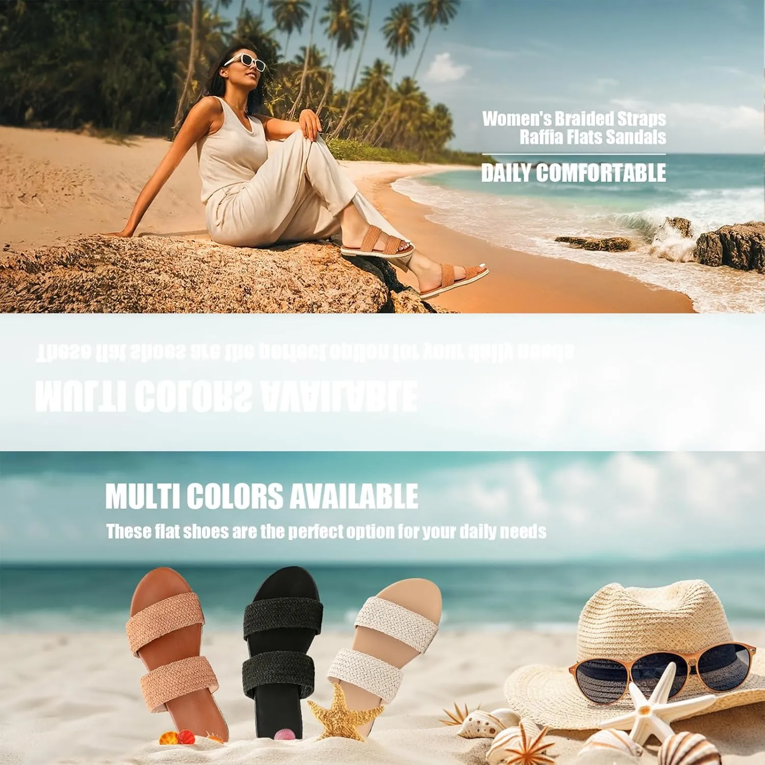 GATUXUS Women's Espadrille Slides Flat Sandals Open Toe Braided Straps Slip On Summer Beach Flats Shoes