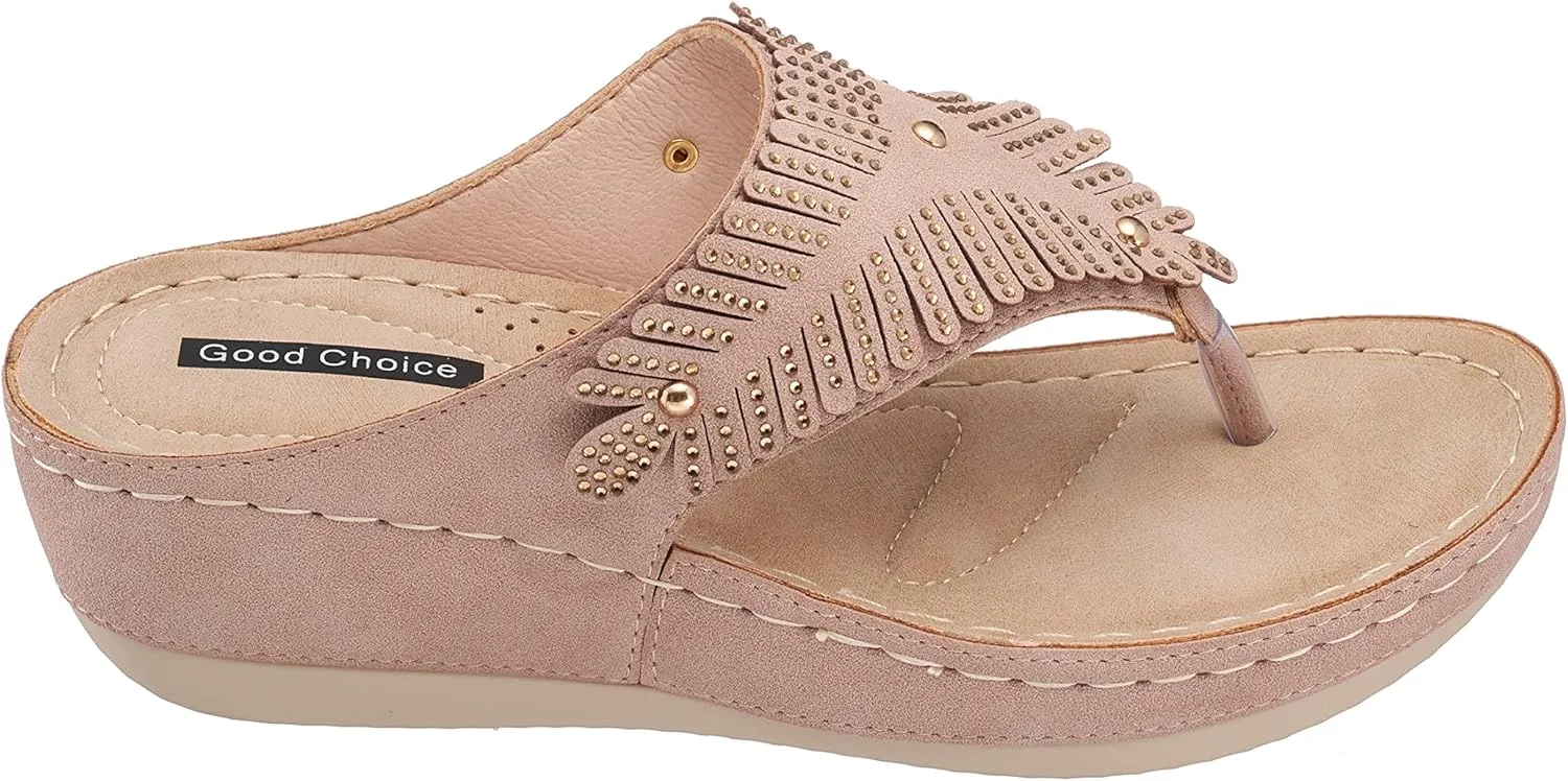 GC Shoes Womens Open Toe Wedge Sandals, Comfy Vegan Leather Slip On Low Heel Studded Strap Thong Platform