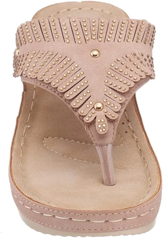 GC Shoes Womens Open Toe Wedge Sandals, Comfy Vegan Leather Slip On Low Heel Studded Strap Thong Platform