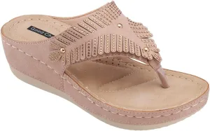 GC Shoes Womens Open Toe Wedge Sandals, Comfy Vegan Leather Slip On Low Heel Studded Strap Thong Platform