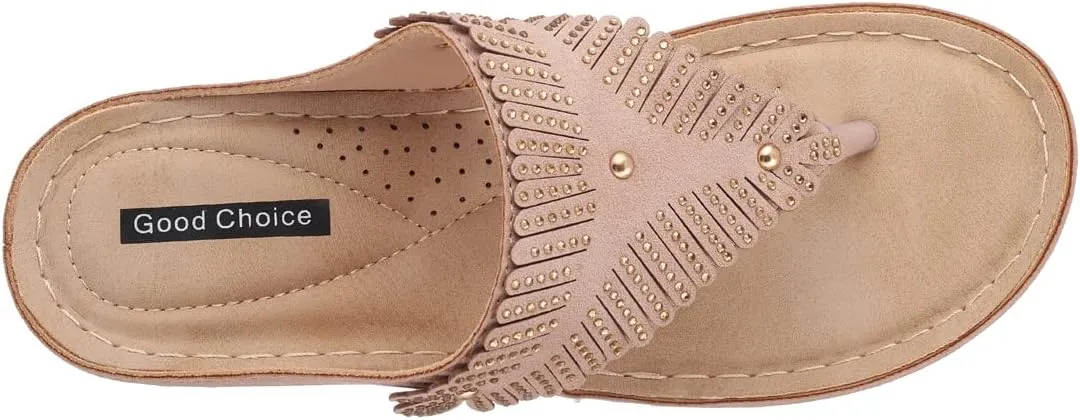 GC Shoes Womens Open Toe Wedge Sandals, Comfy Vegan Leather Slip On Low Heel Studded Strap Thong Platform