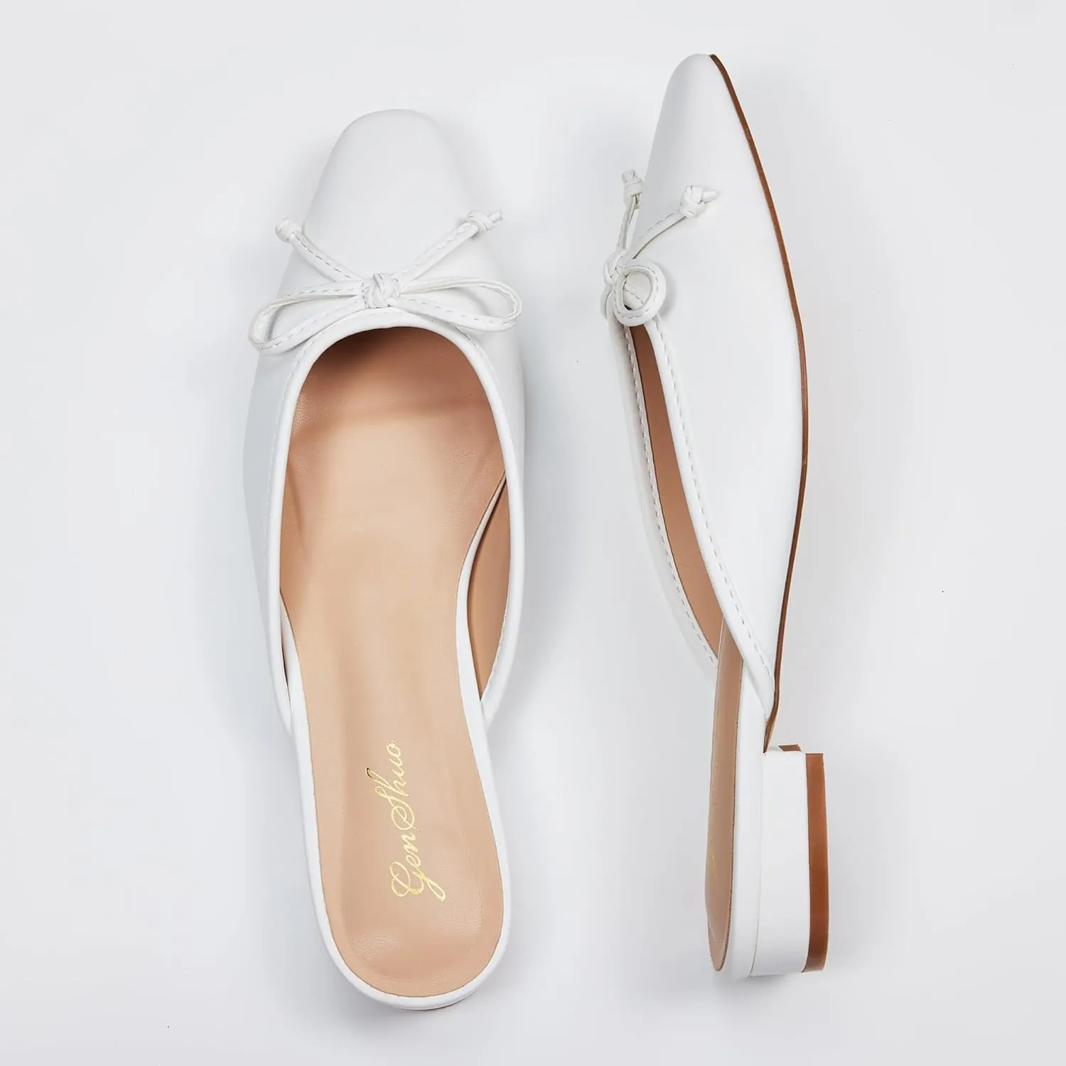 GENSHUO Mules for Women Flats Comfortable Slip On Women Bow Square Toe Mules Closed Cute Backless Loafers Mule Shoes for Women
