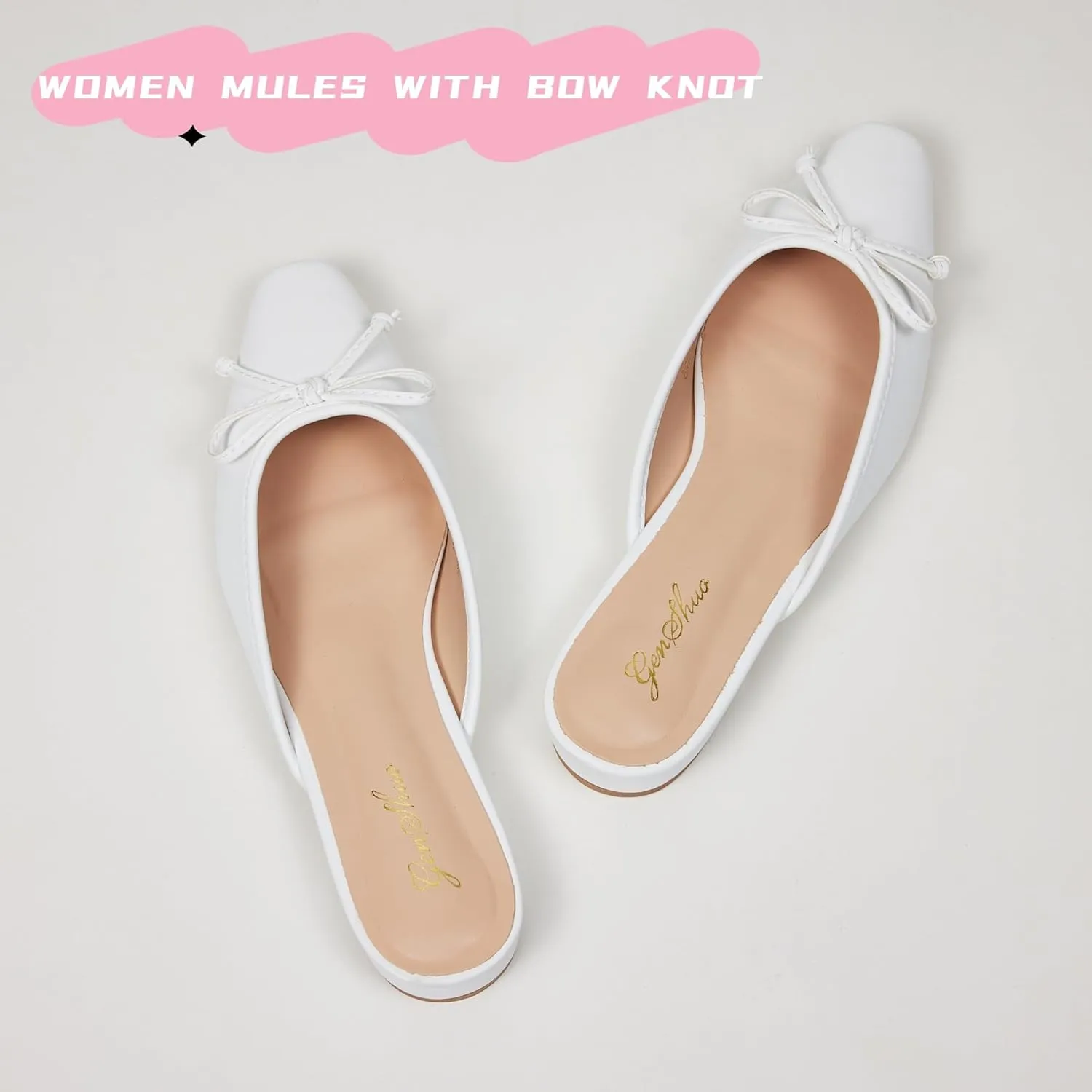 GENSHUO Mules for Women Flats Comfortable Slip On Women Bow Square Toe Mules Closed Cute Backless Loafers Mule Shoes for Women