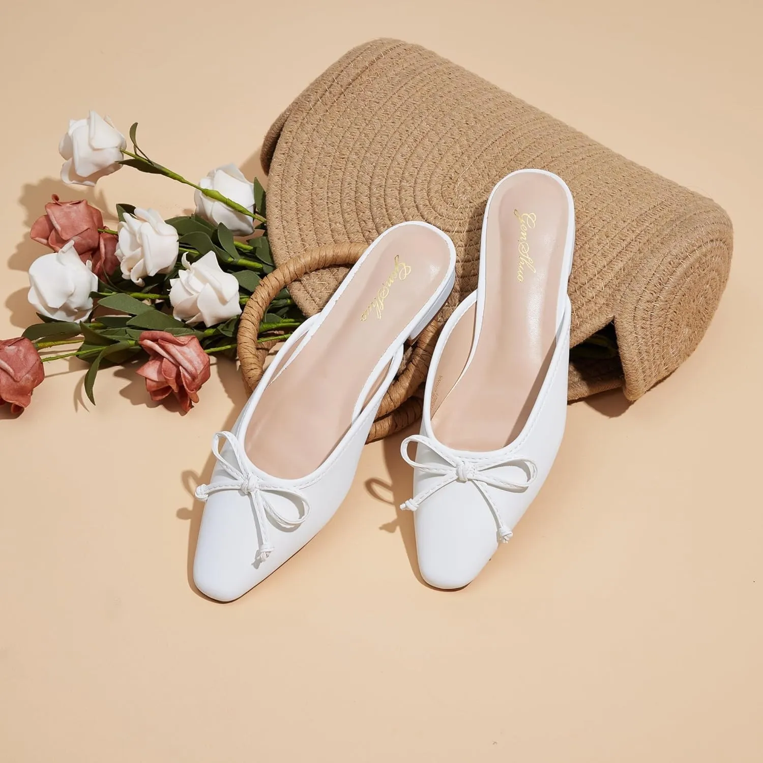 GENSHUO Mules for Women Flats Comfortable Slip On Women Bow Square Toe Mules Closed Cute Backless Loafers Mule Shoes for Women