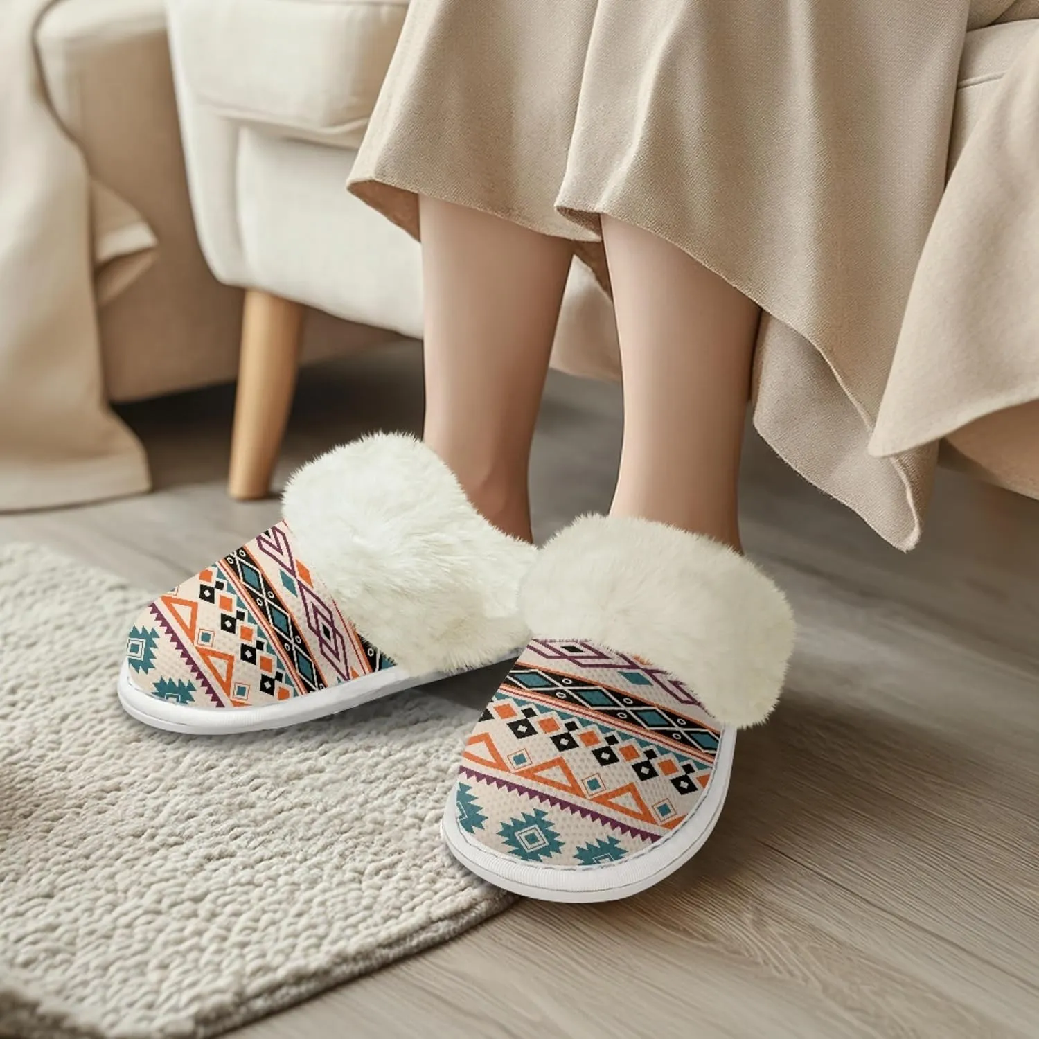 Geometic Aztec Print Comfy Slippers for Women Indoor and Outdoor,Slip on House Slippers,Warm and Cozy
