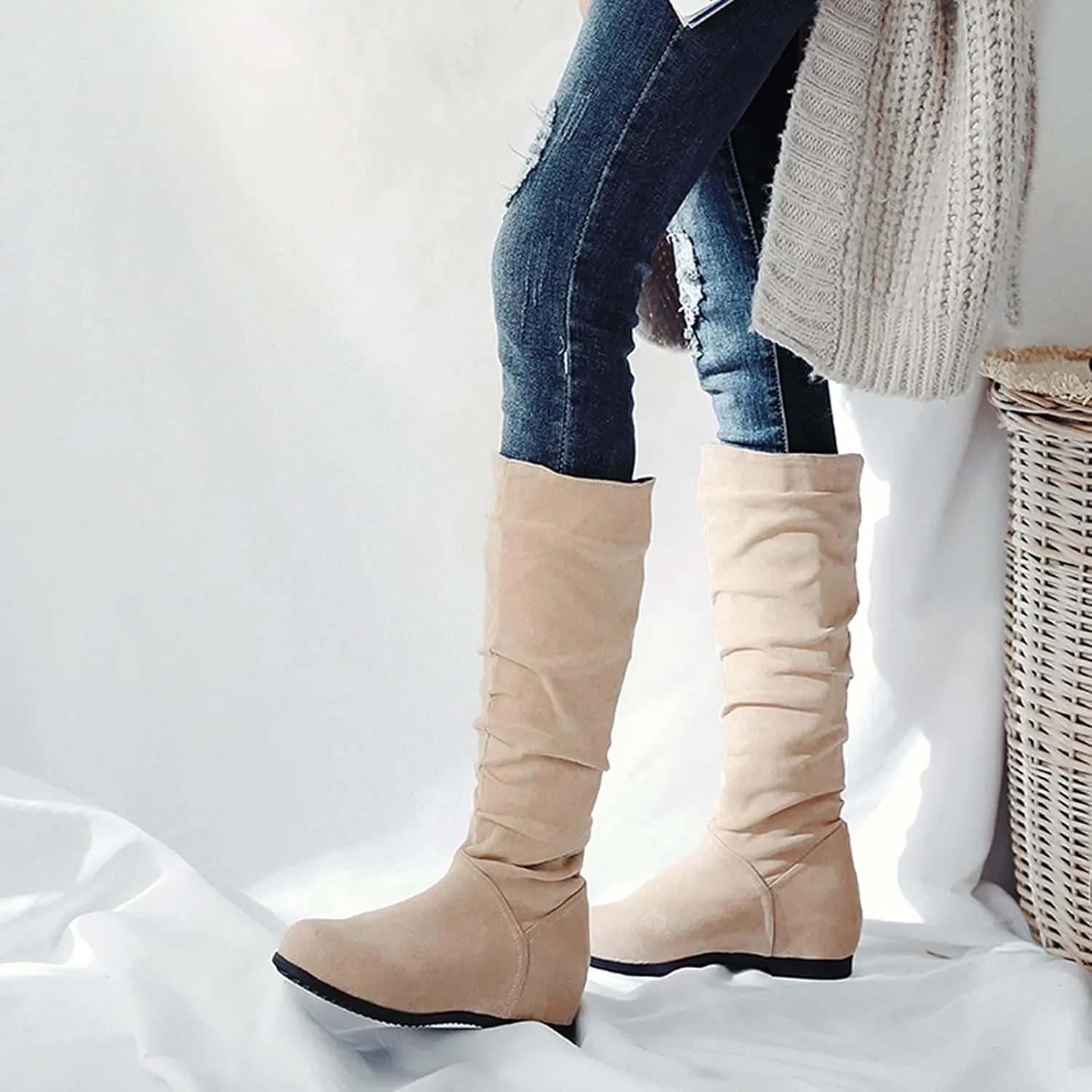 Gicoiz Women Slip On Comfy Knee High Slouch Moccasin Boots