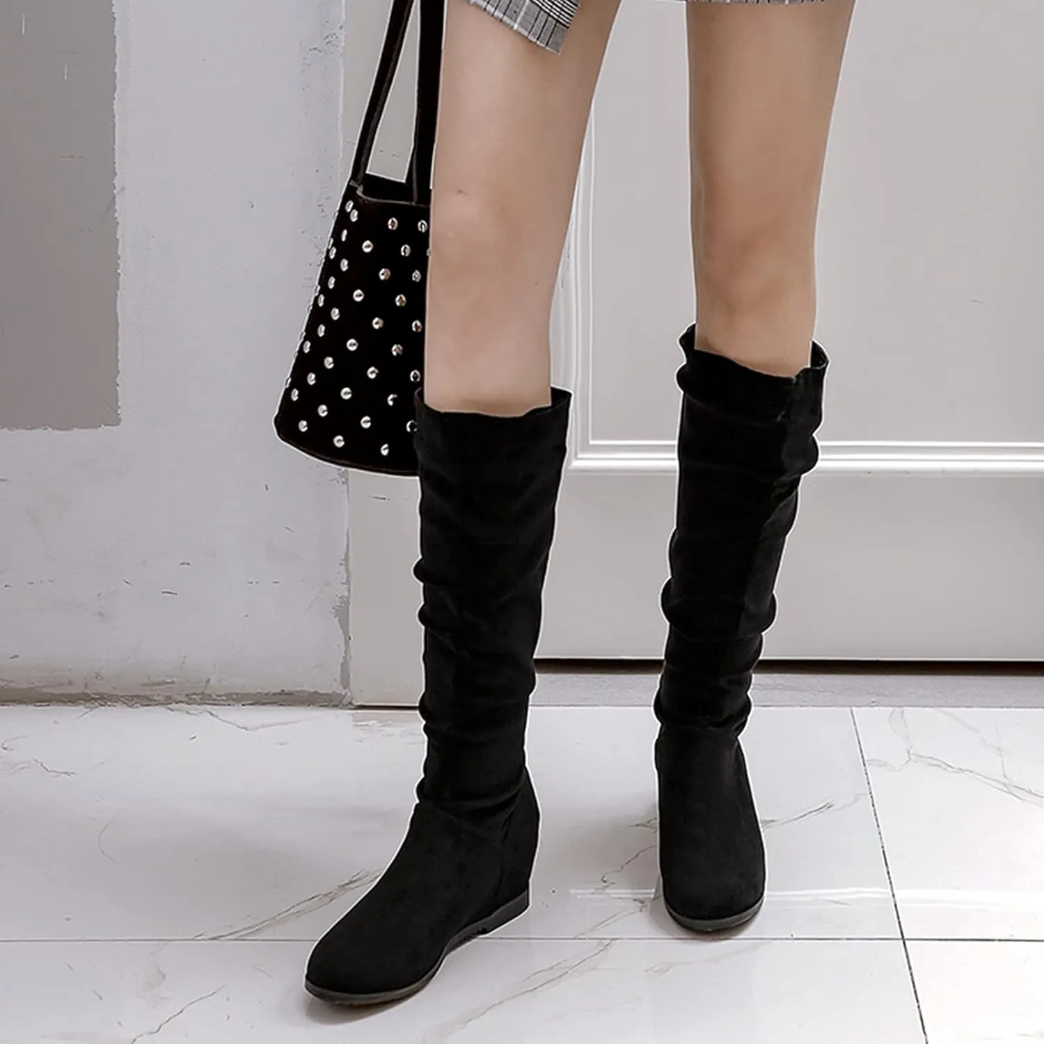 Gicoiz Women Slip On Comfy Knee High Slouch Moccasin Boots
