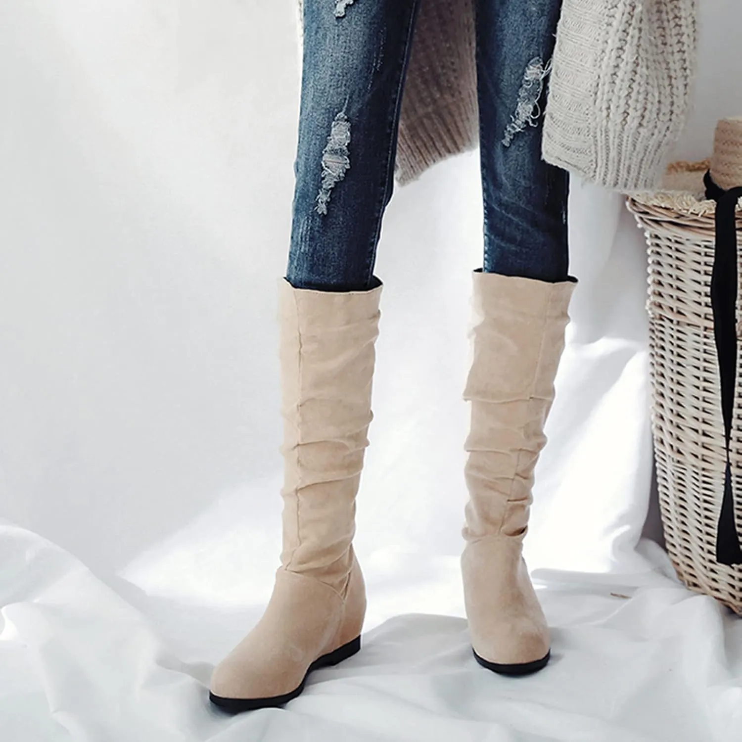 Gicoiz Women Slip On Comfy Knee High Slouch Moccasin Boots