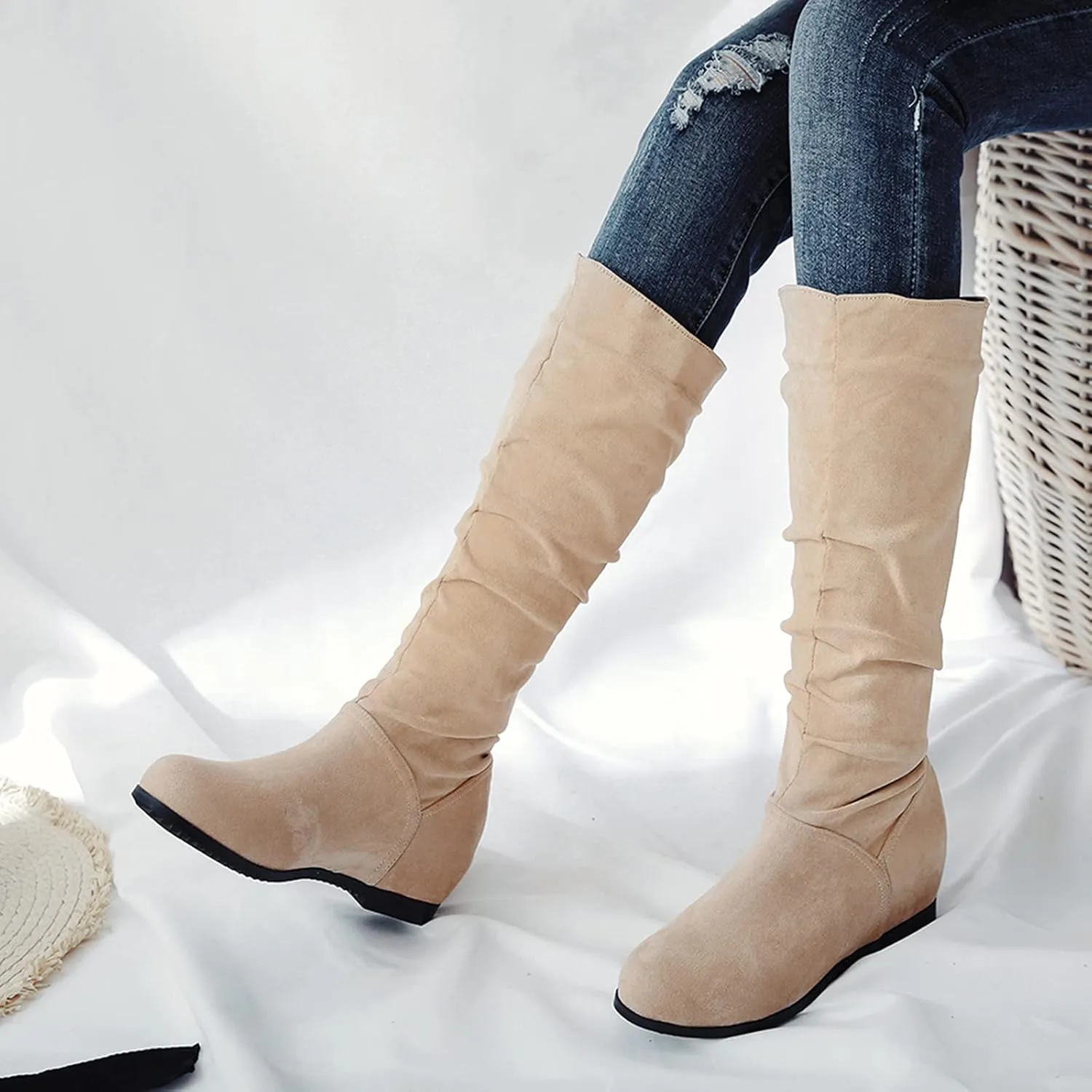 Gicoiz Women Slip On Comfy Knee High Slouch Moccasin Boots