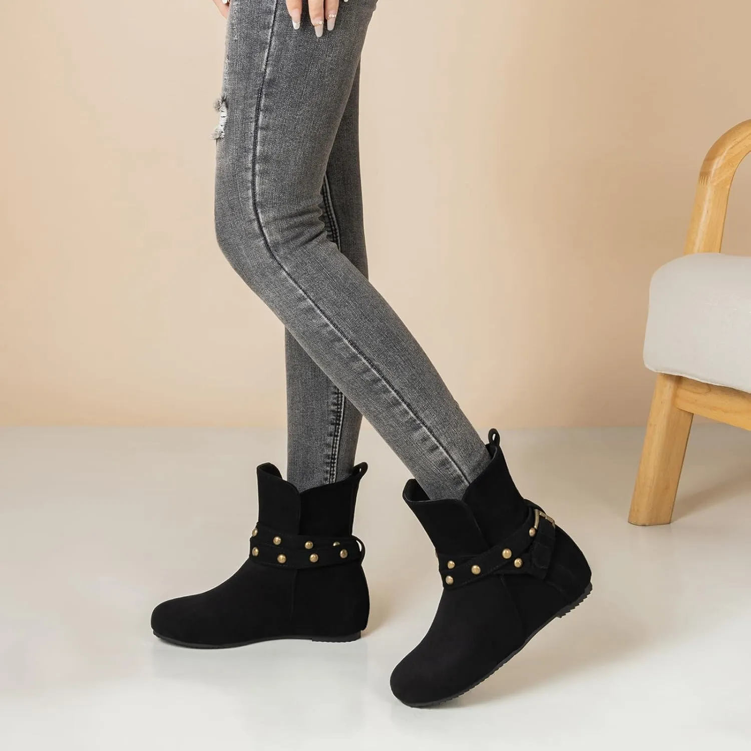 Gicoiz Women Slip On Round Toe Comfy Moccasin Ankle Boots