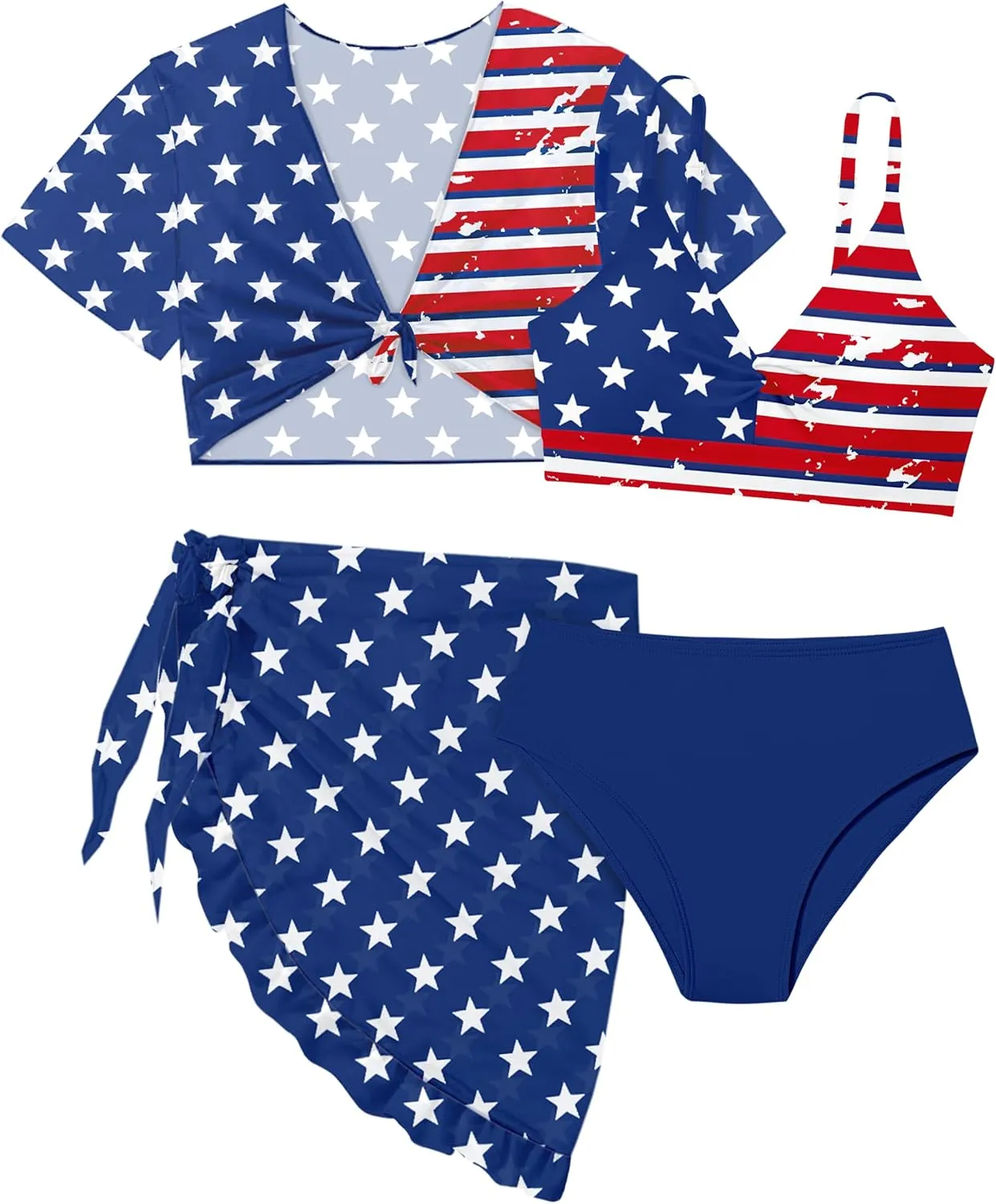 Girls Swimsuit 4 Piece Tropical Print Bikini Set Twist Criss Cross Bathing Suit with Kimono and Cover Up 9-16Y